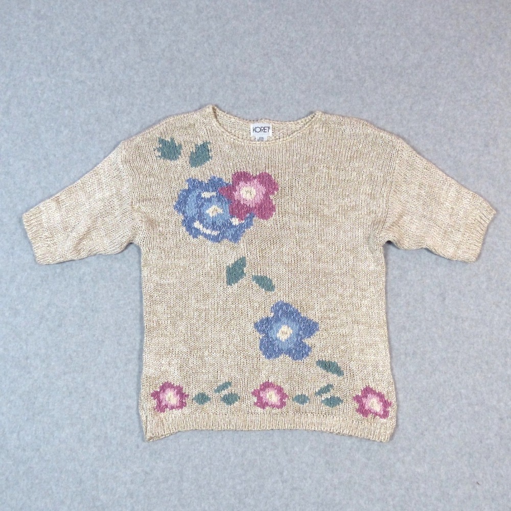 Vintage 80s Koret Pastel Floral Silk Blend Knit Sweater M Cottage School Teacher - Picture 1 of 7